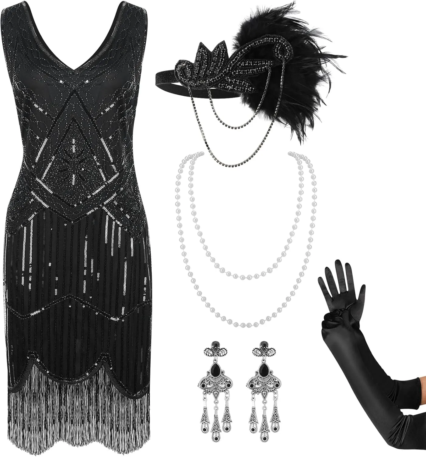 1920s Women Flapper Dress Great Gatsbys V Neck Fringed Sequin Dress with Roaring 20s Costumes Accessories