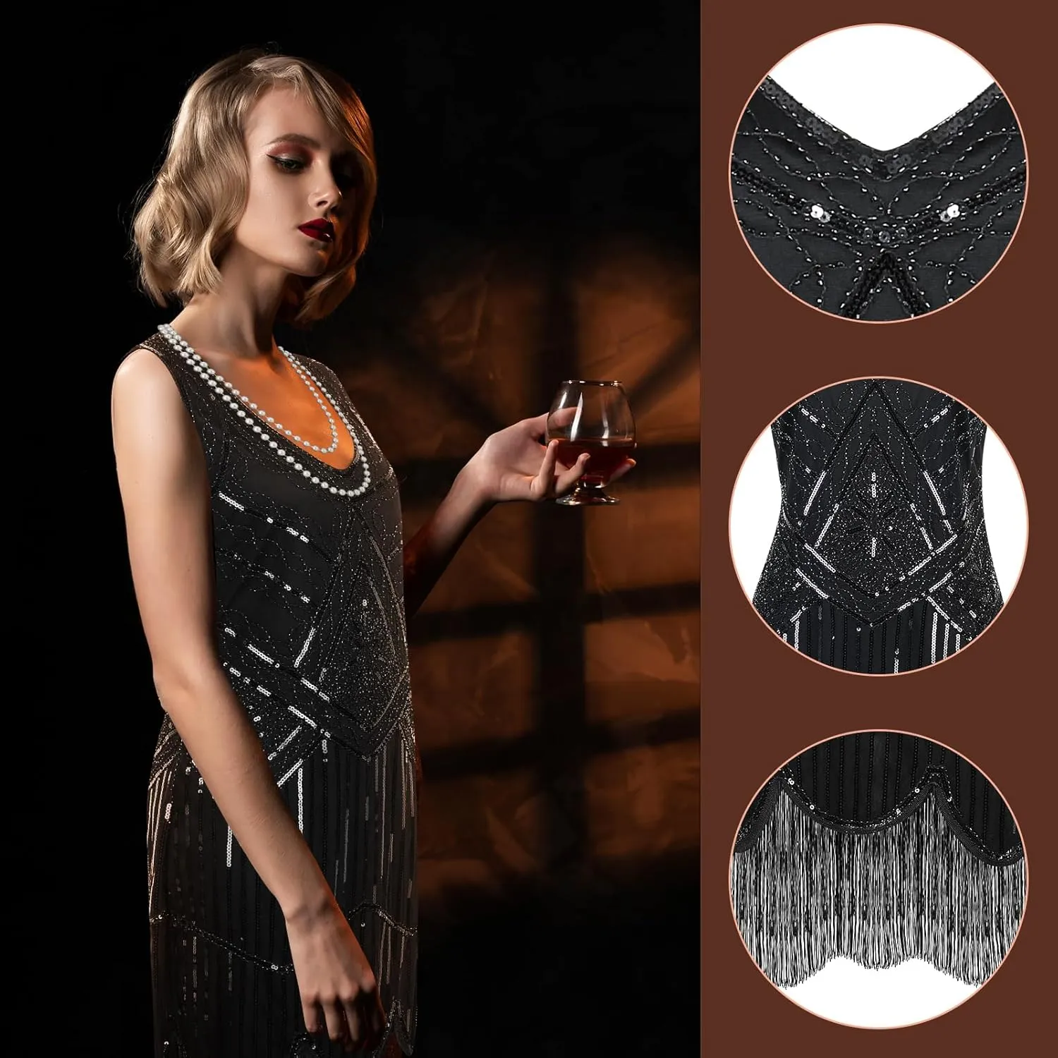 1920s Women Flapper Dress Great Gatsbys V Neck Fringed Sequin Dress with Roaring 20s Costumes Accessories