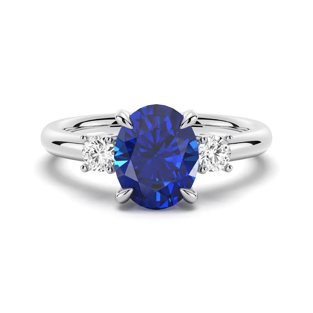 2.0 CT. Oval Blue Sapphire and White Sapphire Three Stone Ring