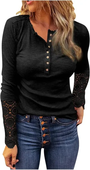 2023 Fall Winter Women's Tshirt Long Sleeve top Button lace Round Neck Gradient Print Casual Fashion Shirt Sexy Tunic