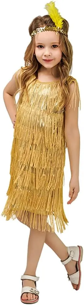 20s Flapper Dresses for Girls Salsa Latin Dance Dress 1920s Gatsby Tassel Fringe Flapper Dress   Feather Headband Dancewear