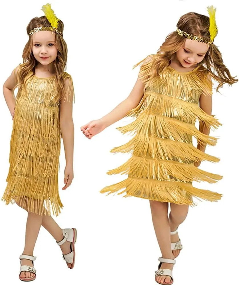 20s Flapper Dresses for Girls Salsa Latin Dance Dress 1920s Gatsby Tassel Fringe Flapper Dress   Feather Headband Dancewear