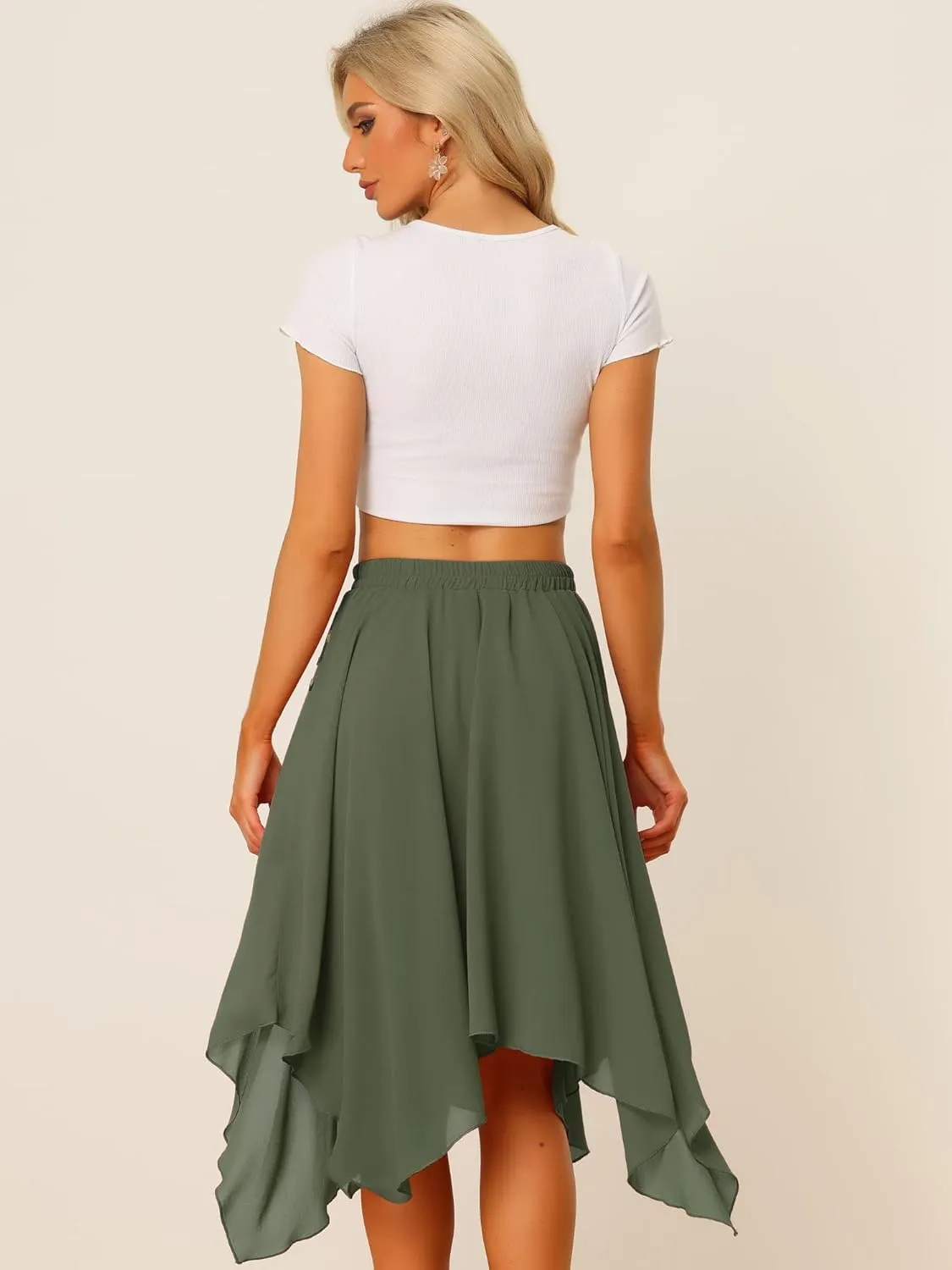 Allegra K Women's Asymmetrical Hem Elastic Waist Chiffon Flowy Vintage Handkerchief Hemline Midi Skirt