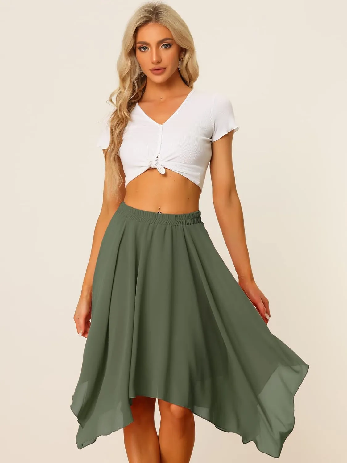 Allegra K Women's Asymmetrical Hem Elastic Waist Chiffon Flowy Vintage Handkerchief Hemline Midi Skirt