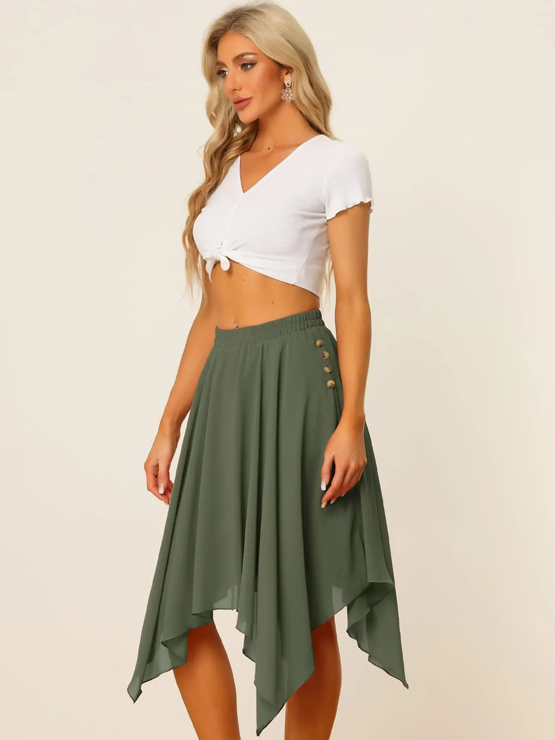 Allegra K Women's Asymmetrical Hem Elastic Waist Chiffon Flowy Vintage Handkerchief Hemline Midi Skirt