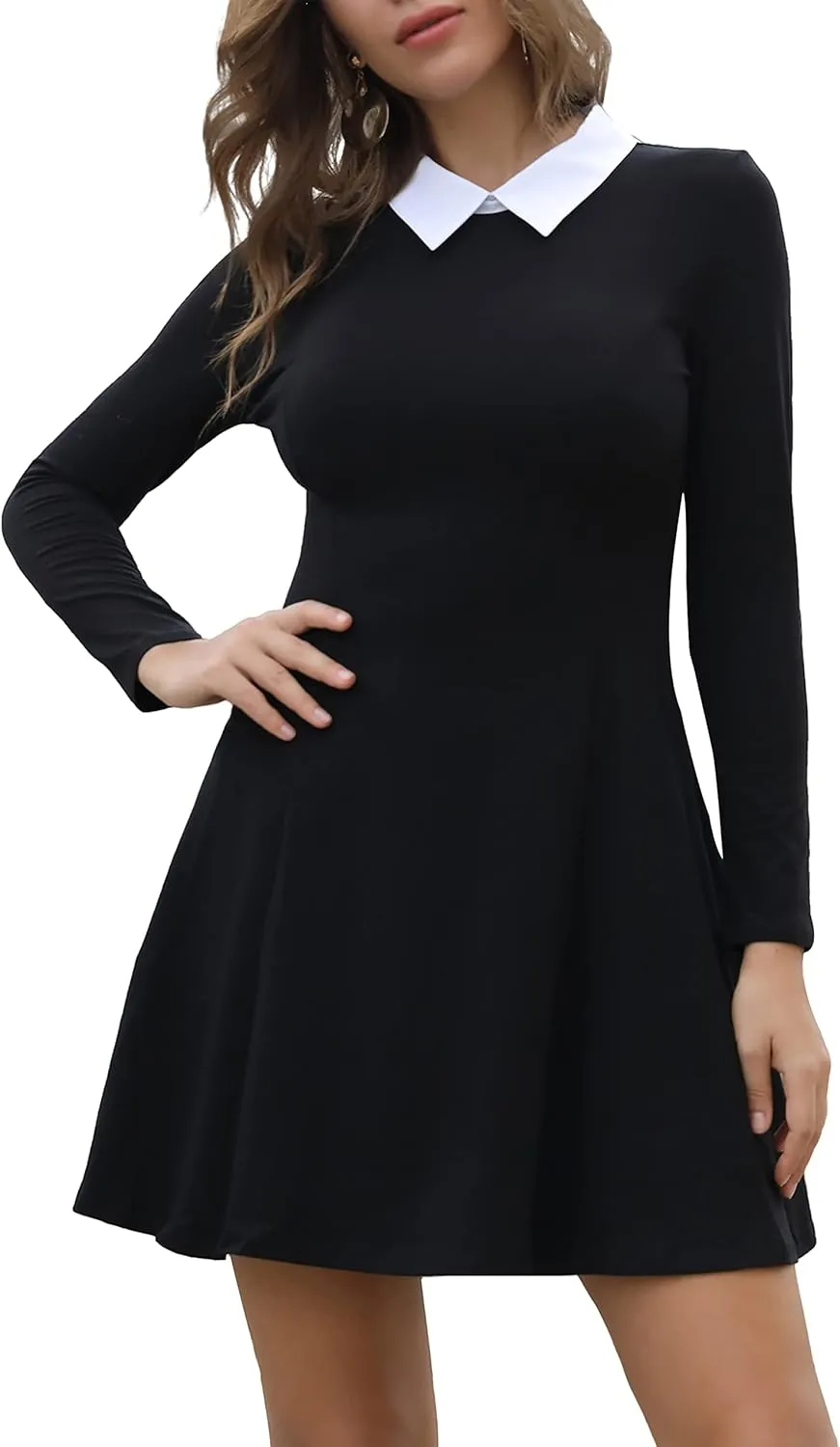Aphratti Women's Long Sleeve Casual Peter Pan Collar A Line Slim Fit and Flare Skater Dress Black XX-Large