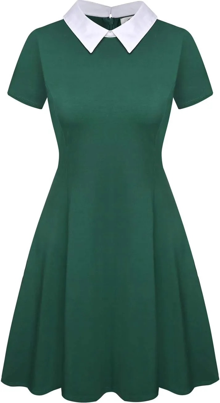 Aphratti Women's Short Sleeve Peter Pan Collar Cute Skater Dress Fit and Flare A-Line Casual Dresses