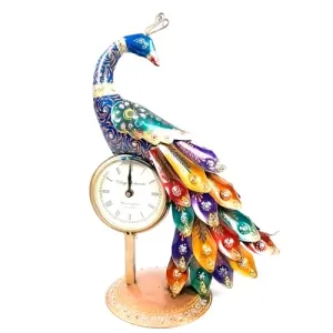 Apka Mart The Online Shop Peacock Table Clock with Multicolor Feather & Kundan Beads Work | Elegant Desk Showpiece for Home, Living Room, Study Table, Office Decor & Gift - 15 Inch