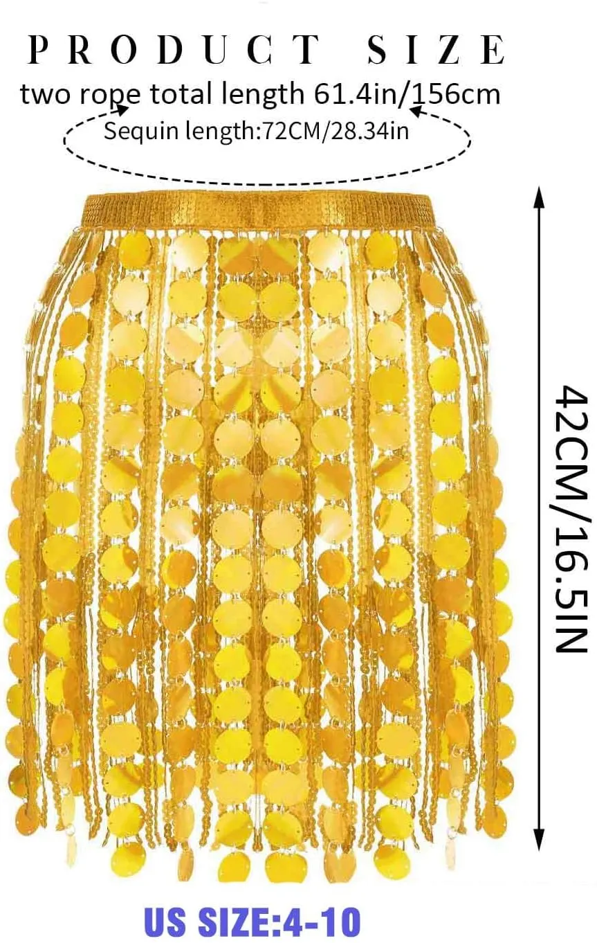 Aukmla Women Sparkly Sequin Belly Dance Skirt Fringe Festival Hip Scarf Dots Tassel Skirts