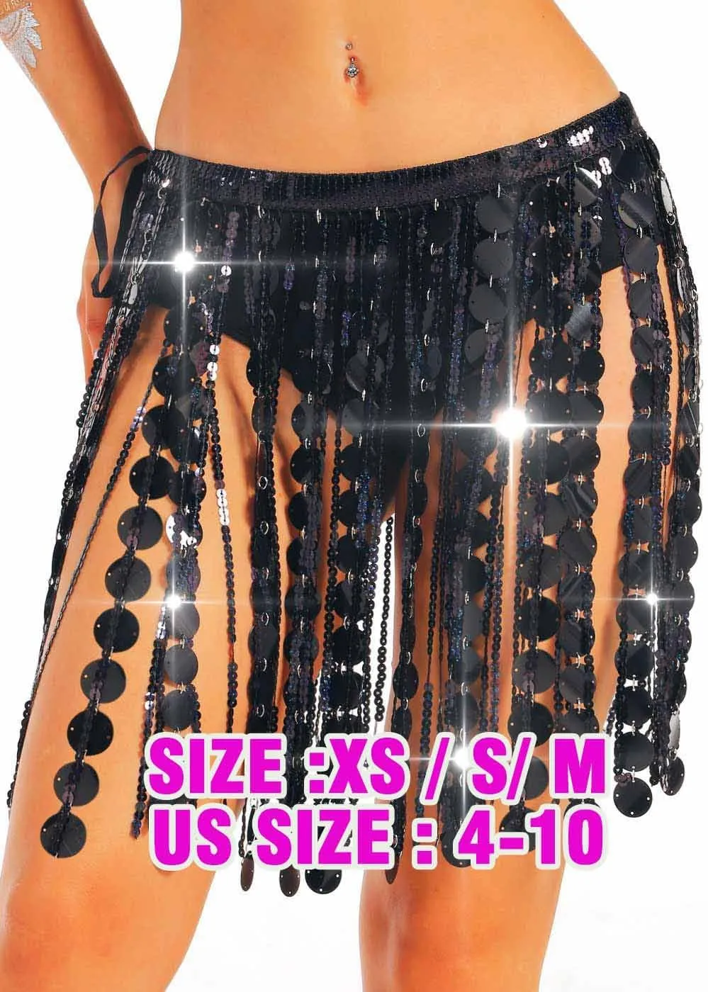 Aukmla Women Sparkly Sequin Belly Dance Skirt Fringe Festival Hip Scarf Dots Tassel Skirts
