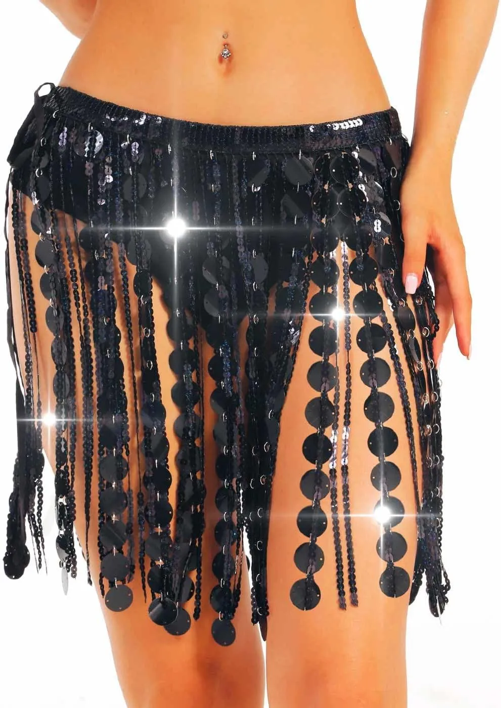 Aukmla Women Sparkly Sequin Belly Dance Skirt Fringe Festival Hip Scarf Dots Tassel Skirts