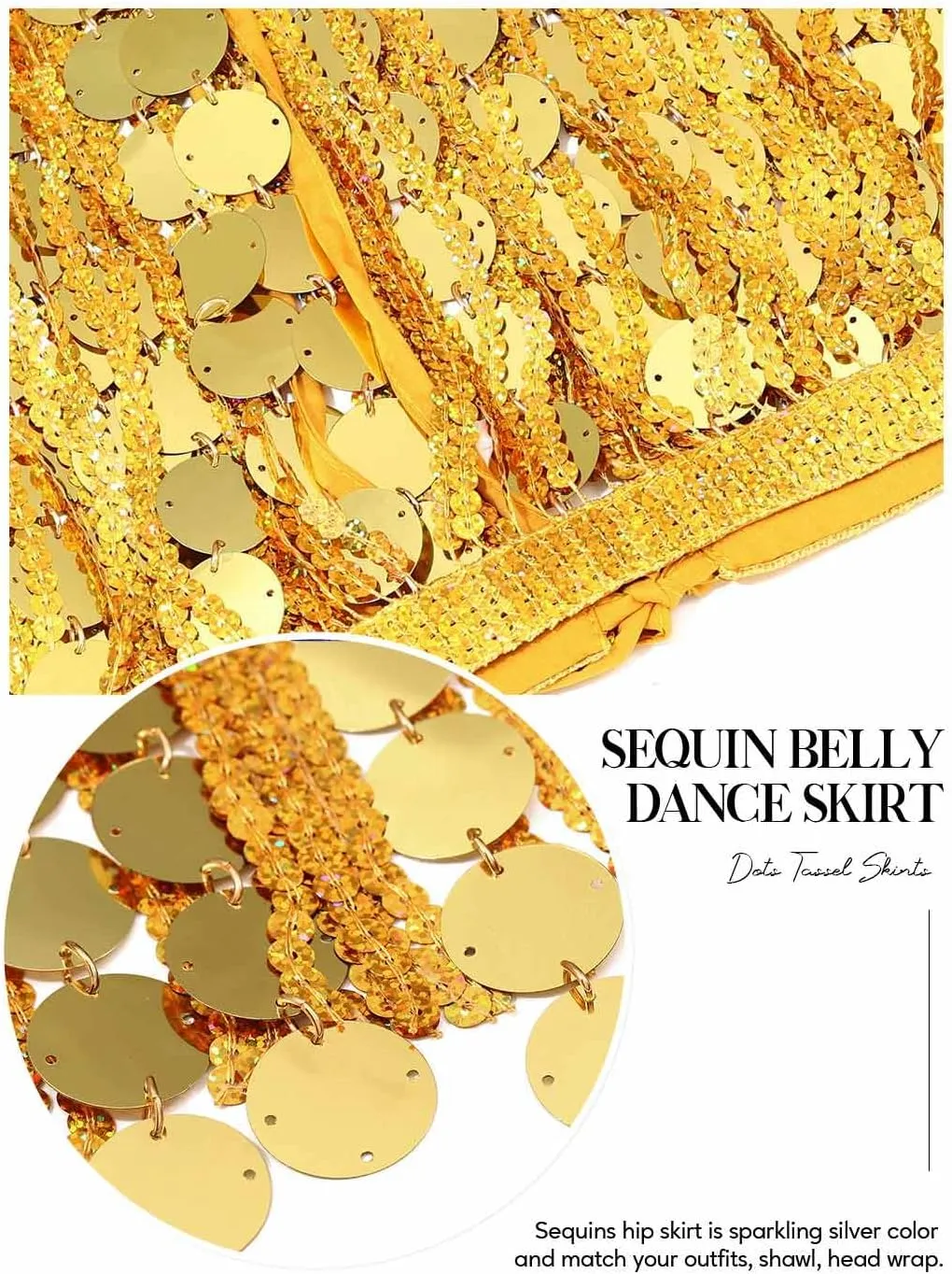 Aukmla Women Sparkly Sequin Belly Dance Skirt Fringe Festival Hip Scarf Dots Tassel Skirts