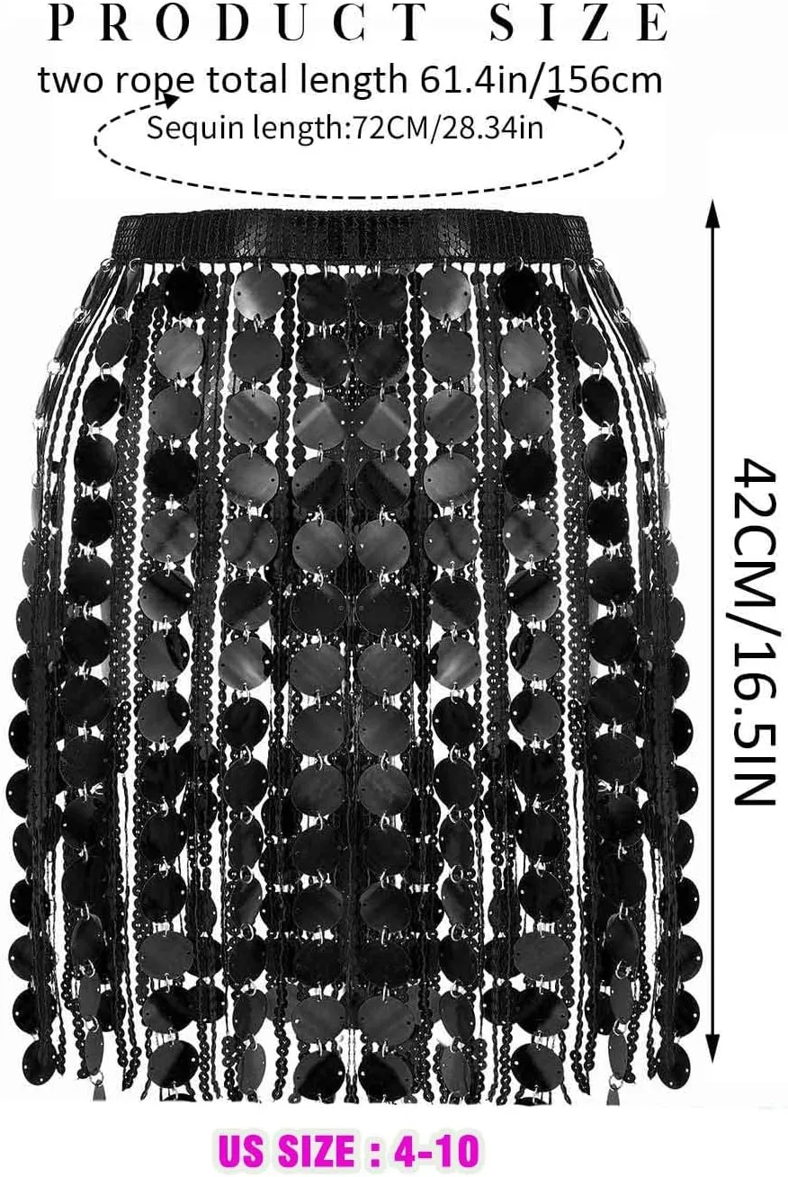 Aukmla Women Sparkly Sequin Belly Dance Skirt Fringe Festival Hip Scarf Dots Tassel Skirts