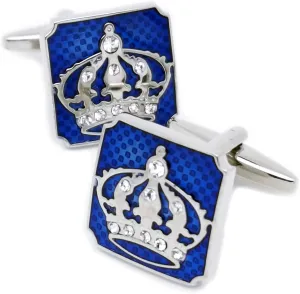 Blue Square Royal Crown Crystal Cuff Links for Men Lady in Gift Box Unisex Metal Cufflinks for Business Wedding Anniversary