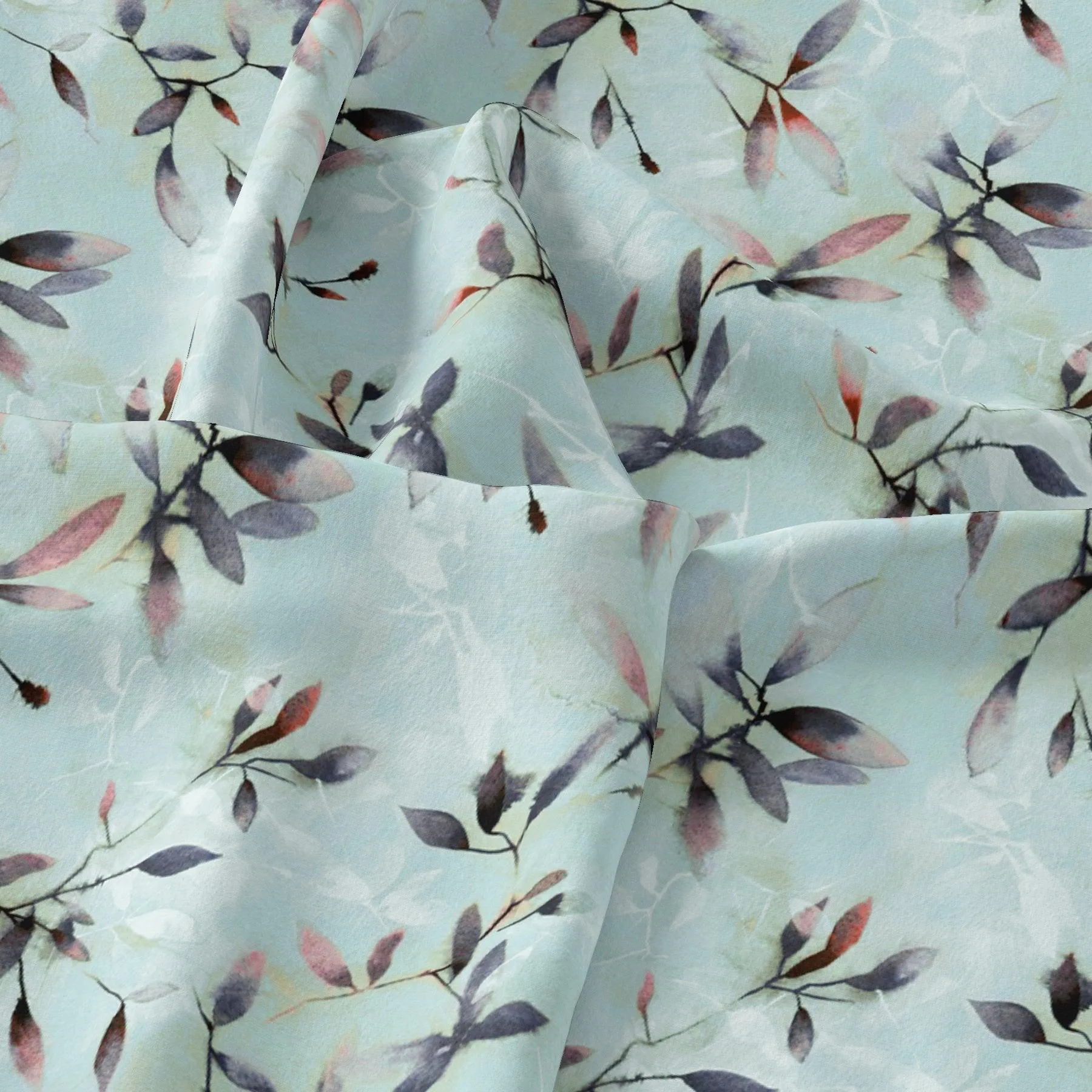 Bluish Thin And Light Leaves Digital Printed Fabric