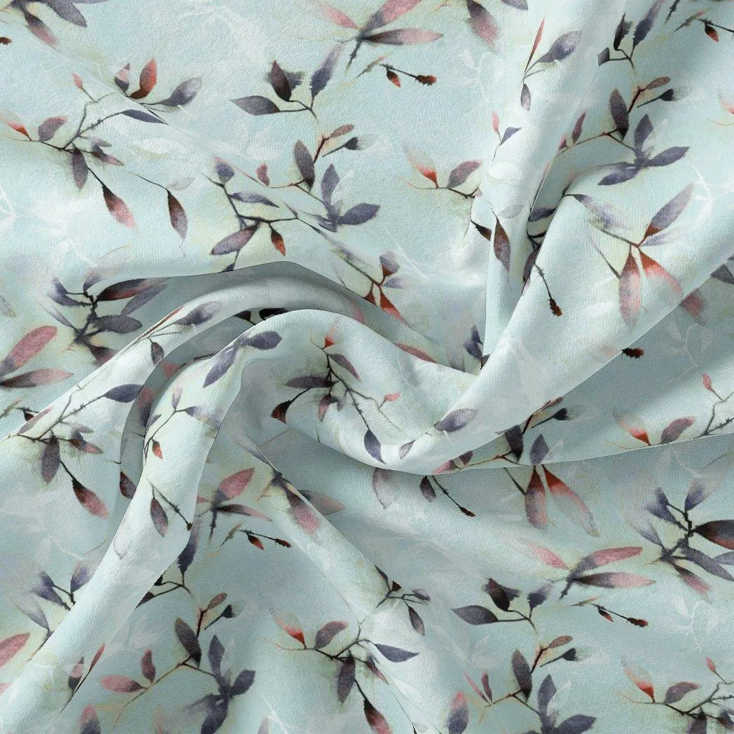 Bluish Thin And Light Leaves Digital Printed Fabric