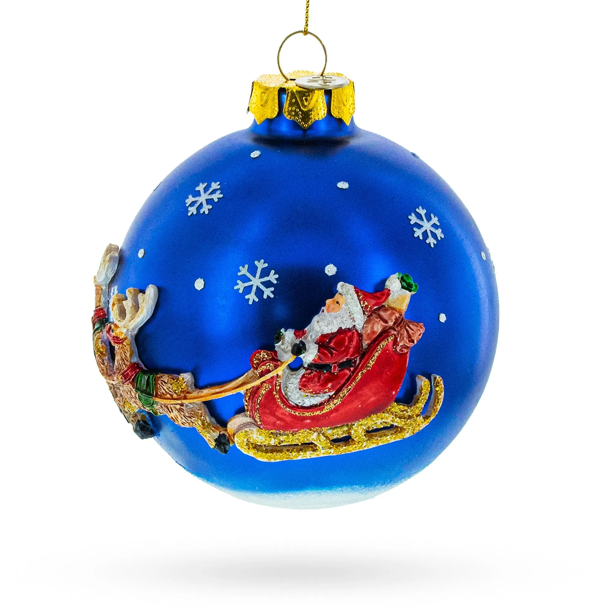 Classic Santa Claus In Sleigh With Reindeer - Blown Glass Christmas Ornament