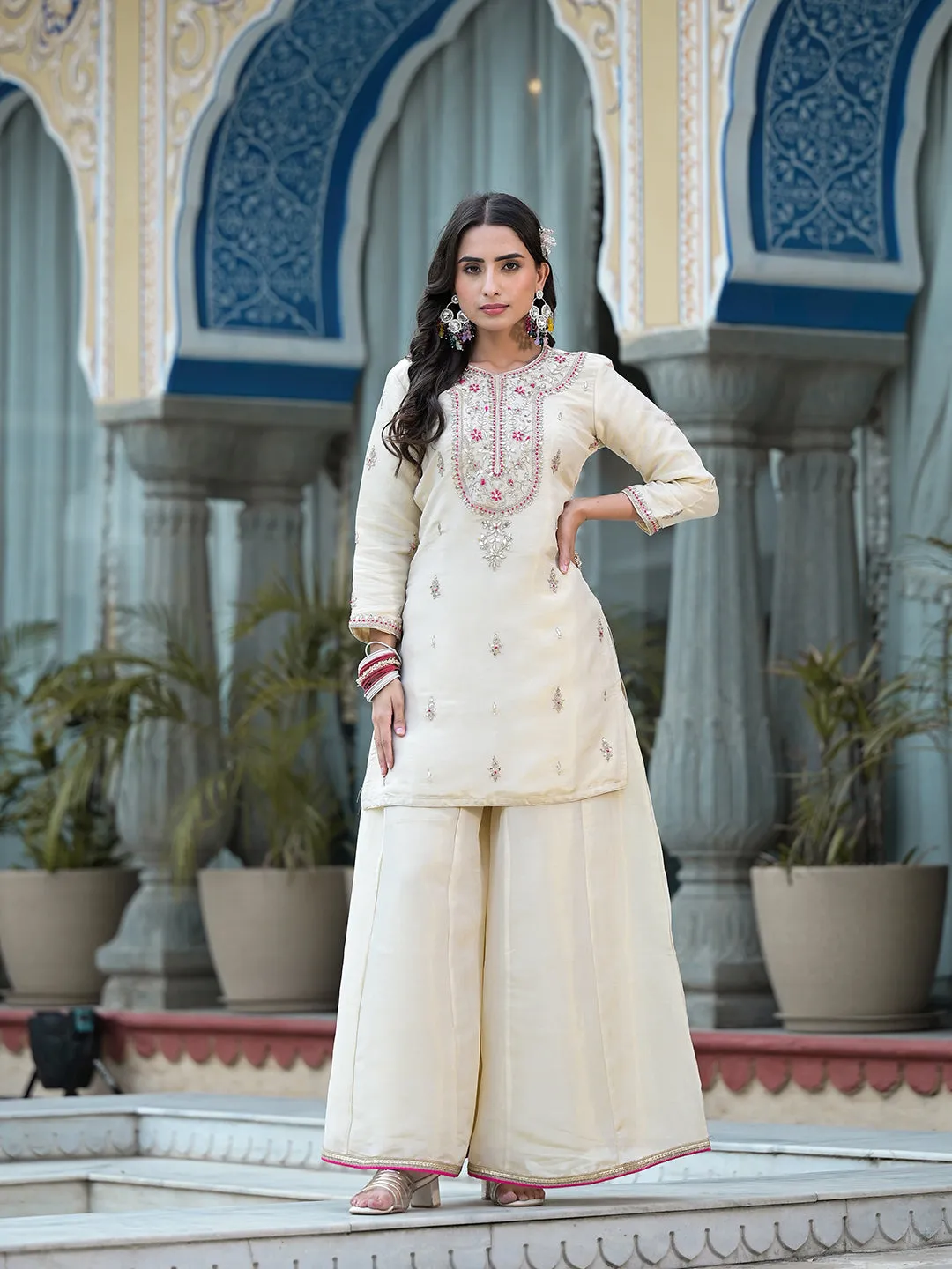 Cream Gota Patti & Zardozi Work Tissue Fabric Kurta Sharara Set With Bandhani Dupatta