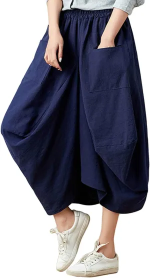 GGUHHU Womens Loose Fit Elastic Waist 2 Pockets Cotton Baggy Lantern Skirt