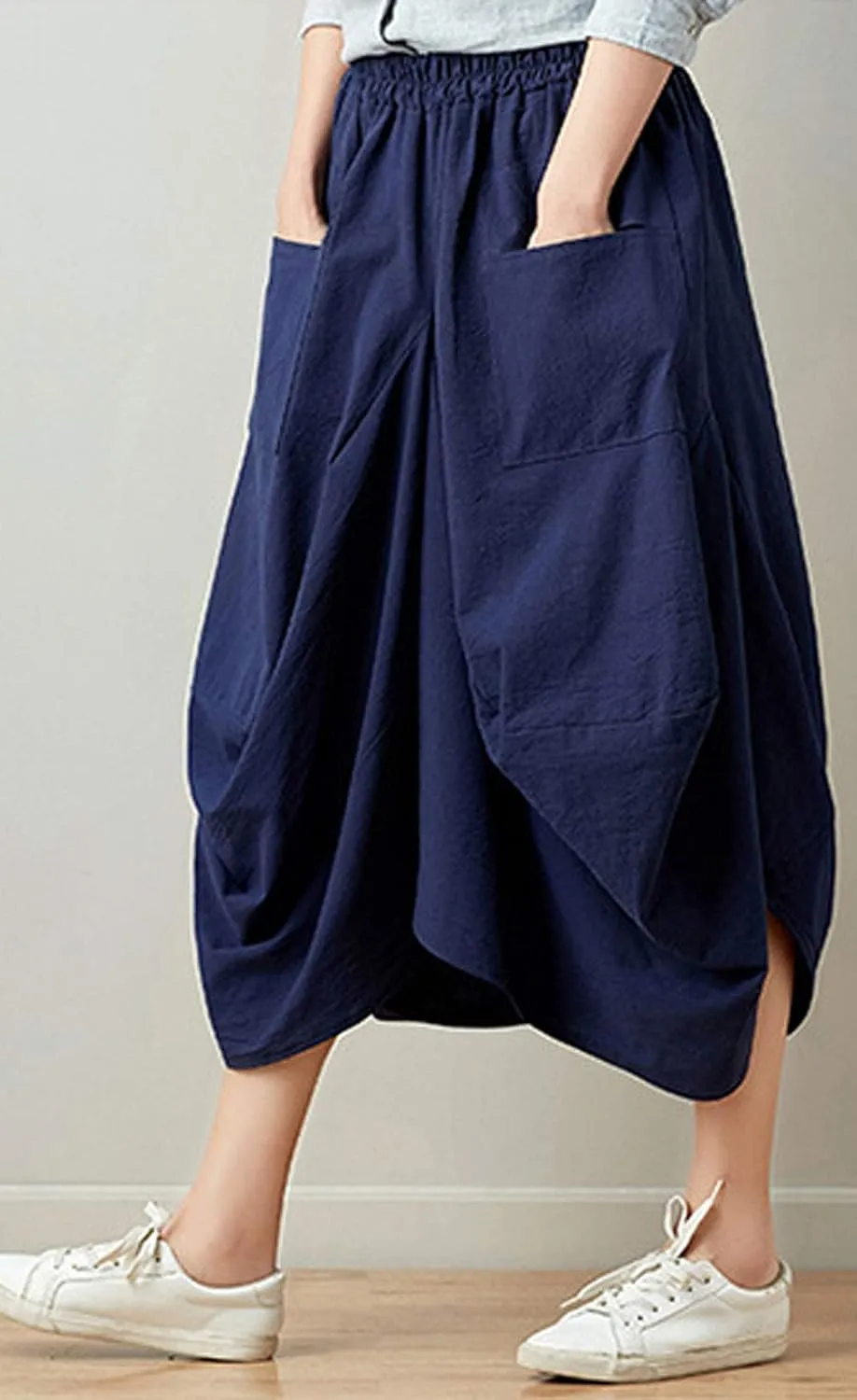 GGUHHU Womens Loose Fit Elastic Waist 2 Pockets Cotton Baggy Lantern Skirt
