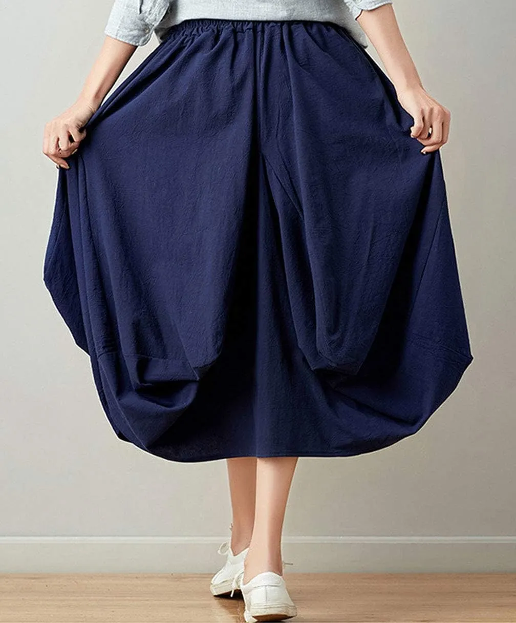 GGUHHU Womens Loose Fit Elastic Waist 2 Pockets Cotton Baggy Lantern Skirt