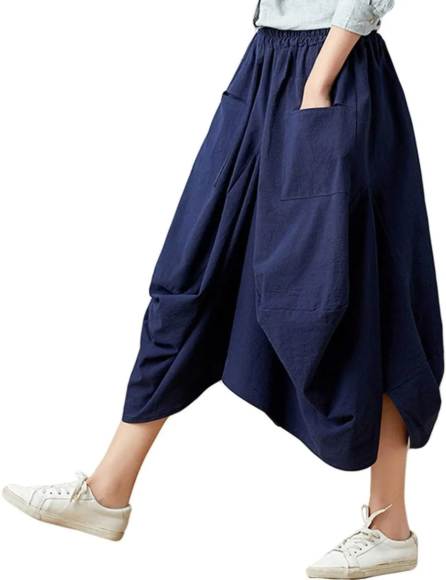 GGUHHU Womens Loose Fit Elastic Waist 2 Pockets Cotton Baggy Lantern Skirt