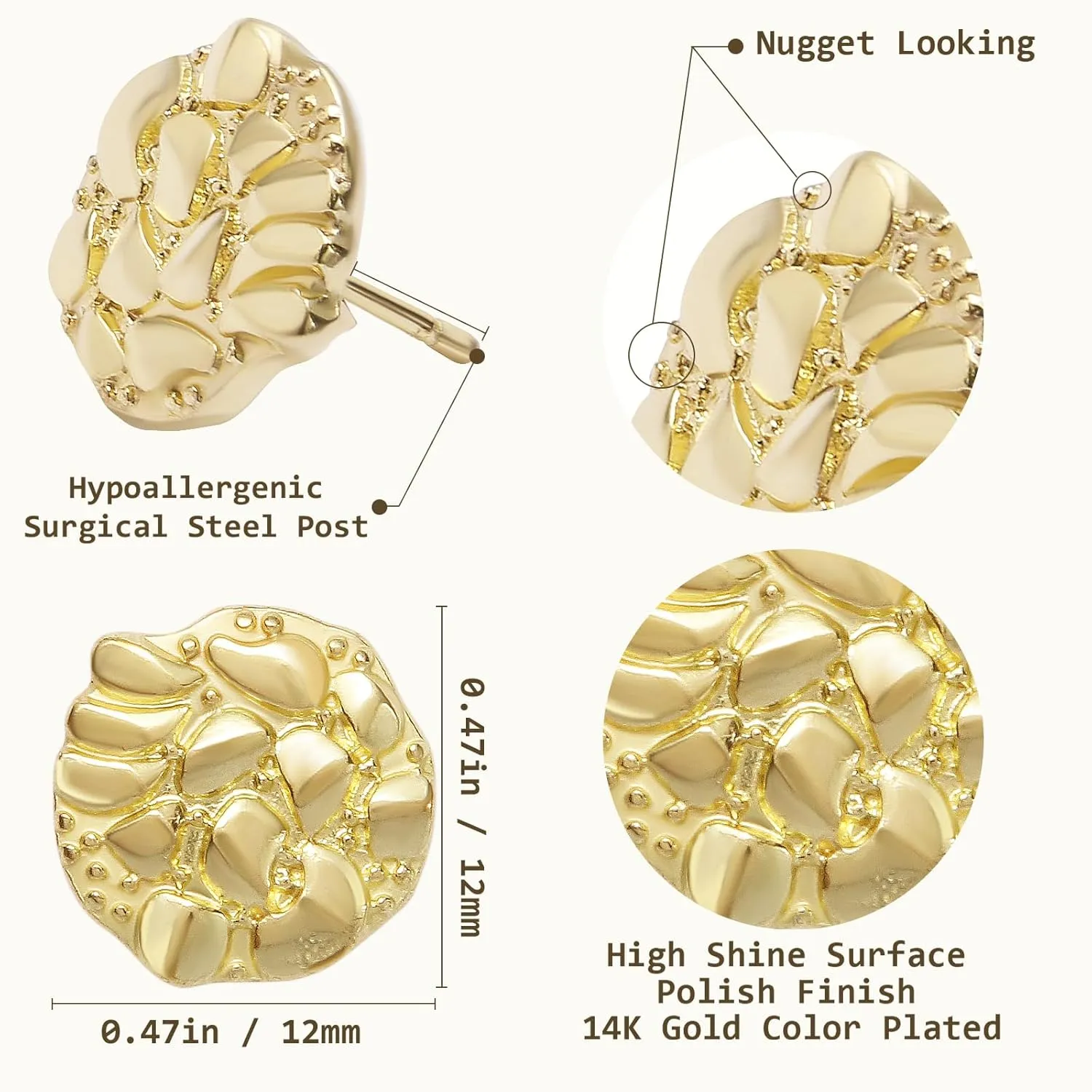Gold nugget earrings for men Nugget earring Cookie Nugget Stud Earrings Gold Plated Stud Earrings 14k Gold Plated Round Rough Textured Gold plated earrings For Women Unisex