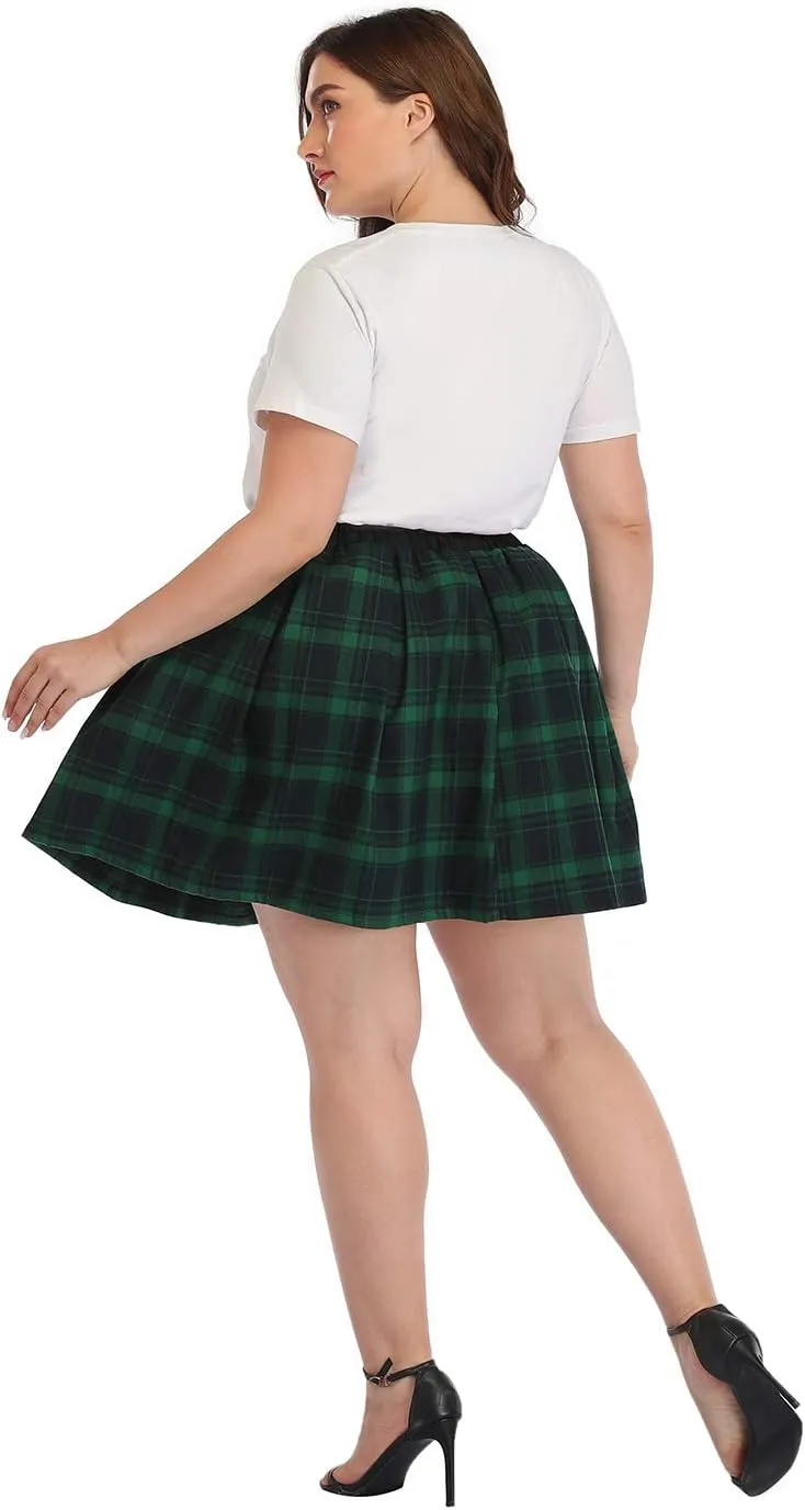 HDE Plus Size Skirt Plaid Mini Skater Skirts Pleated School Girl