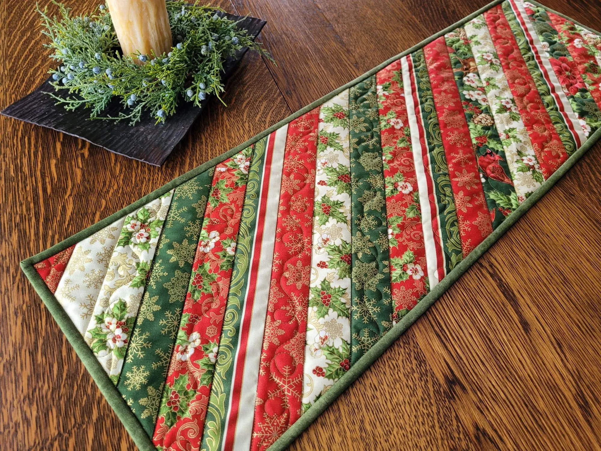 Holiday Bear Paw Quilted Table Runner | Christmas Poinsettia Quilt with Holly and Cardinals