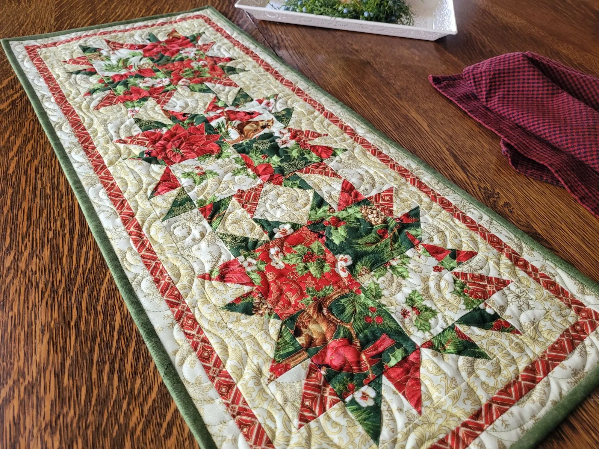 Holiday Bear Paw Quilted Table Runner | Christmas Poinsettia Quilt with Holly and Cardinals