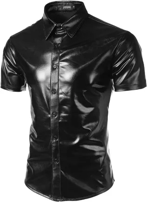 JOGAL Men's 70s Disco Shiny Metallic Gold Silver Short Sleeve Button Down Shirt