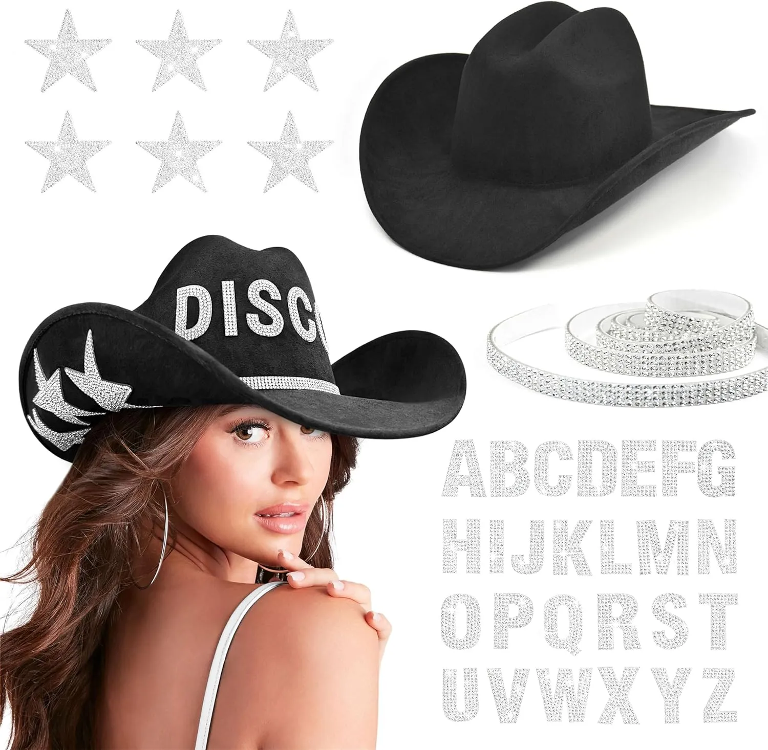 Keilin Cowboy Hats for Women Rhinestone Cowgirl Hat Felt Western Hat Nashville Bachelorette Party Disco DIY Cowgirl Outfits