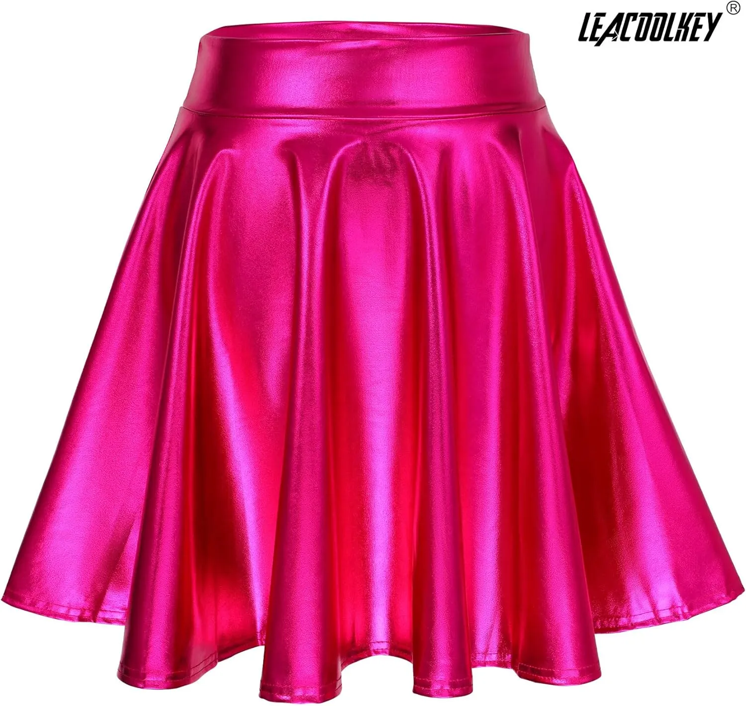 LEACOOLKEY Women's Fashion Flared Pleated A-line Skater Skirt Shiny Stretchy Skirt for Casual/Music Festival/Halloween