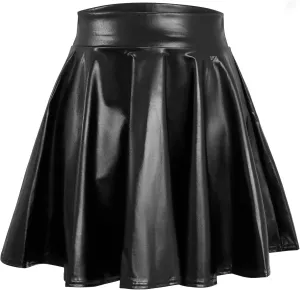 LEACOOLKEY Women's Fashion Flared Pleated A-line Skater Skirt Shiny Stretchy Skirt for Casual/Music Festival/Halloween