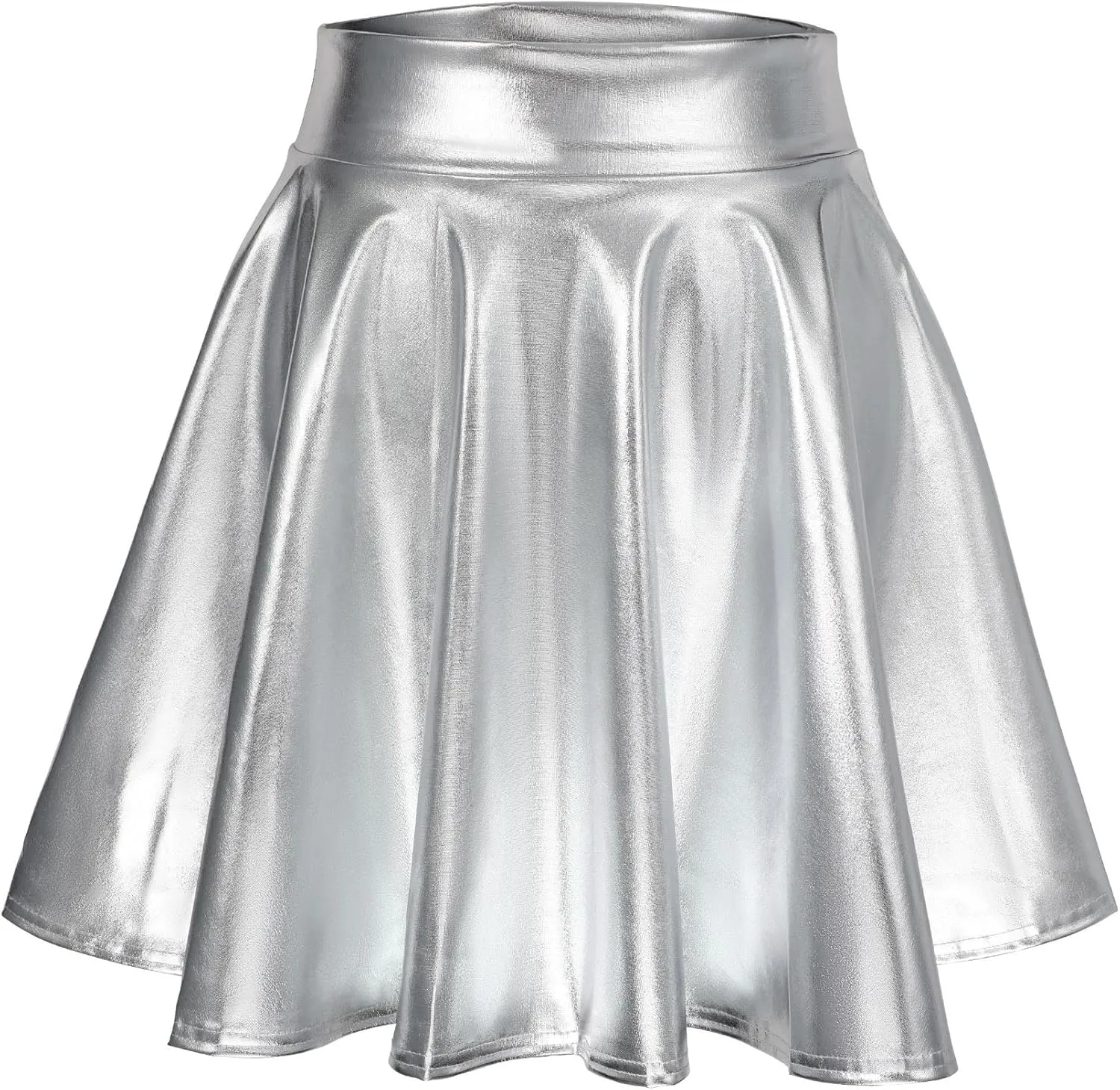 LEACOOLKEY Women's Fashion Flared Pleated A-line Skater Skirt Shiny Stretchy Skirt for Casual/Music Festival/Halloween