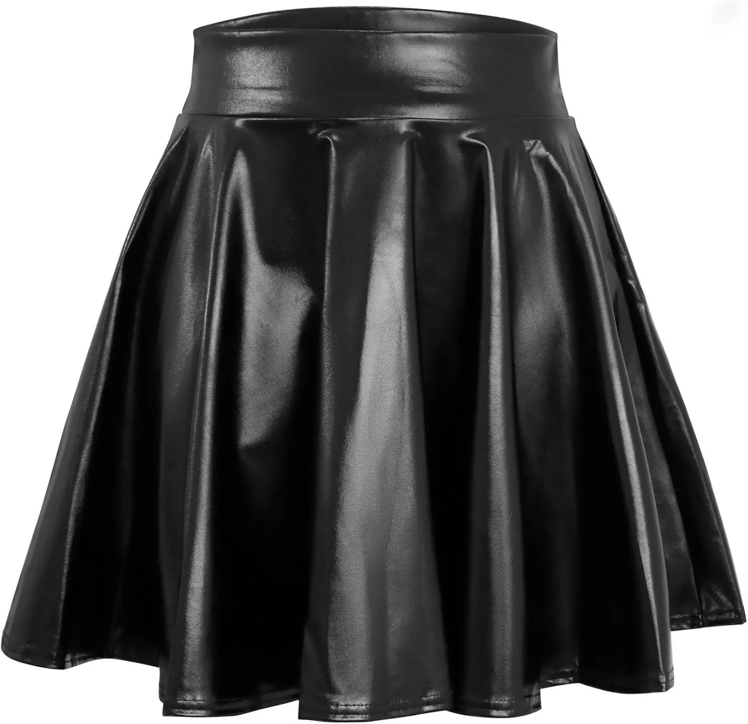 LEACOOLKEY Women's Fashion Flared Pleated A-line Skater Skirt Shiny Stretchy Skirt for Casual/Music Festival/Halloween