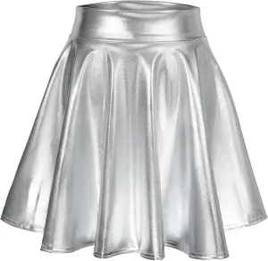 LEACOOLKEY Women's Fashion Flared Pleated A-line Skater Skirt Shiny Stretchy Skirt for Casual/Music Festival/Halloween
