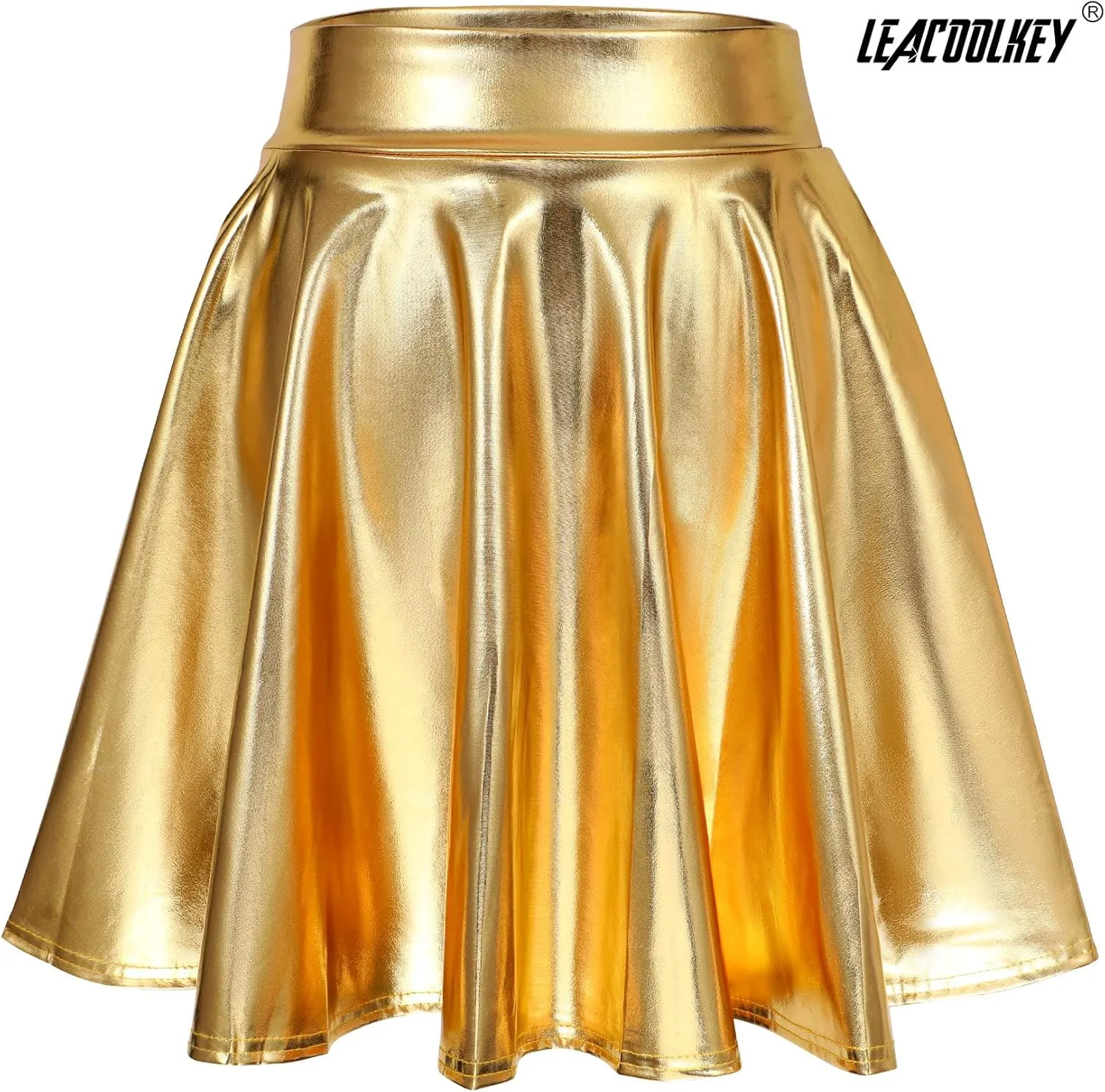 LEACOOLKEY Women's Fashion Flared Pleated A-line Skater Skirt Shiny Stretchy Skirt for Casual/Music Festival/Halloween