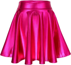 LEACOOLKEY Women's Fashion Flared Pleated A-line Skater Skirt Shiny Stretchy Skirt for Casual/Music Festival/Halloween
