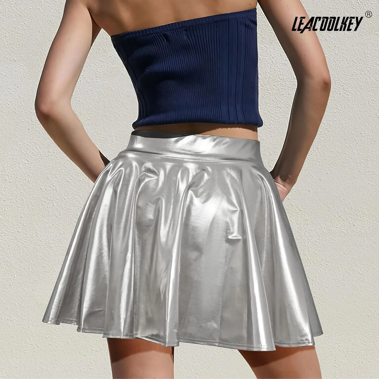 LEACOOLKEY Women's Fashion Flared Pleated A-line Skater Skirt Shiny Stretchy Skirt for Casual/Music Festival/Halloween