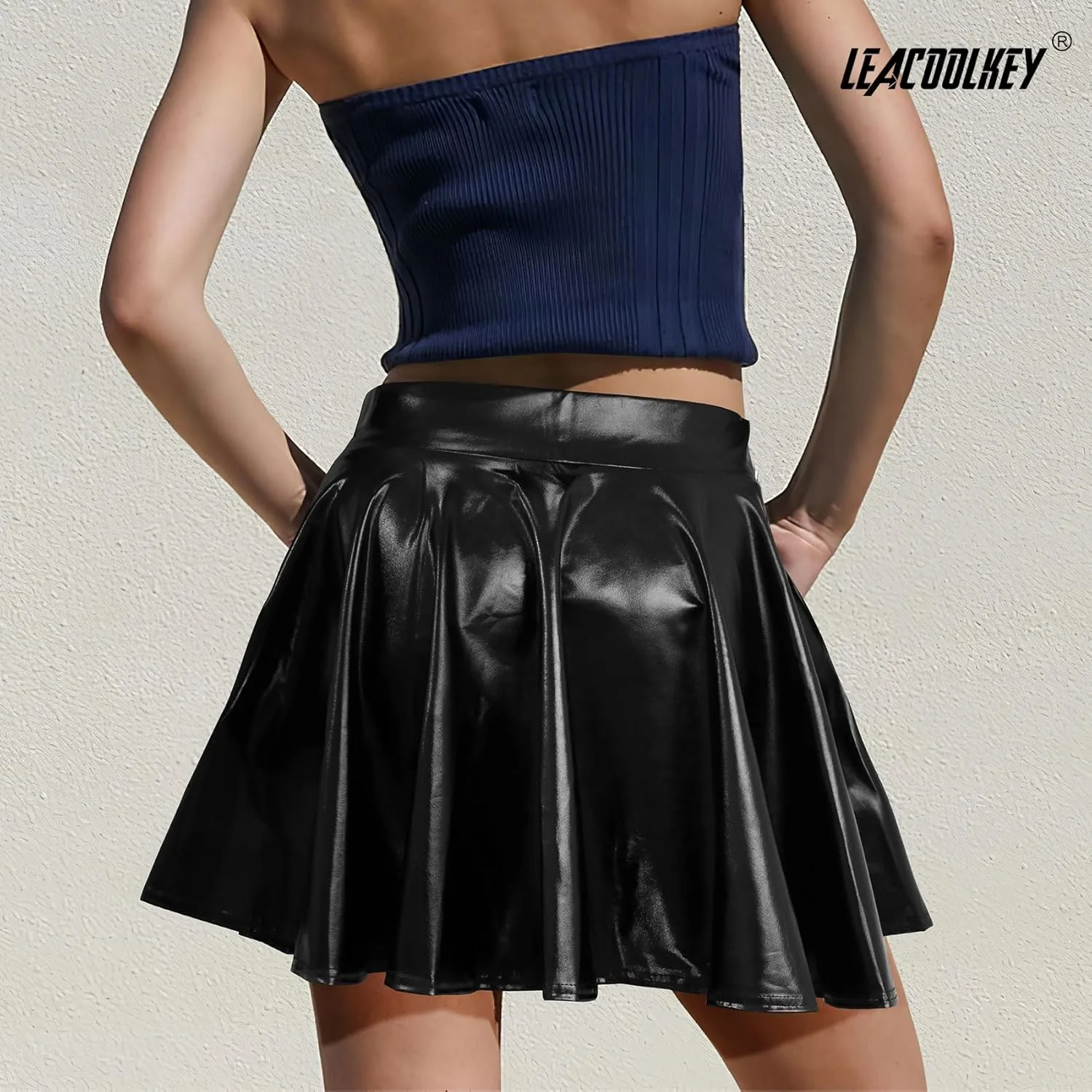 LEACOOLKEY Women's Fashion Flared Pleated A-line Skater Skirt Shiny Stretchy Skirt for Casual/Music Festival/Halloween