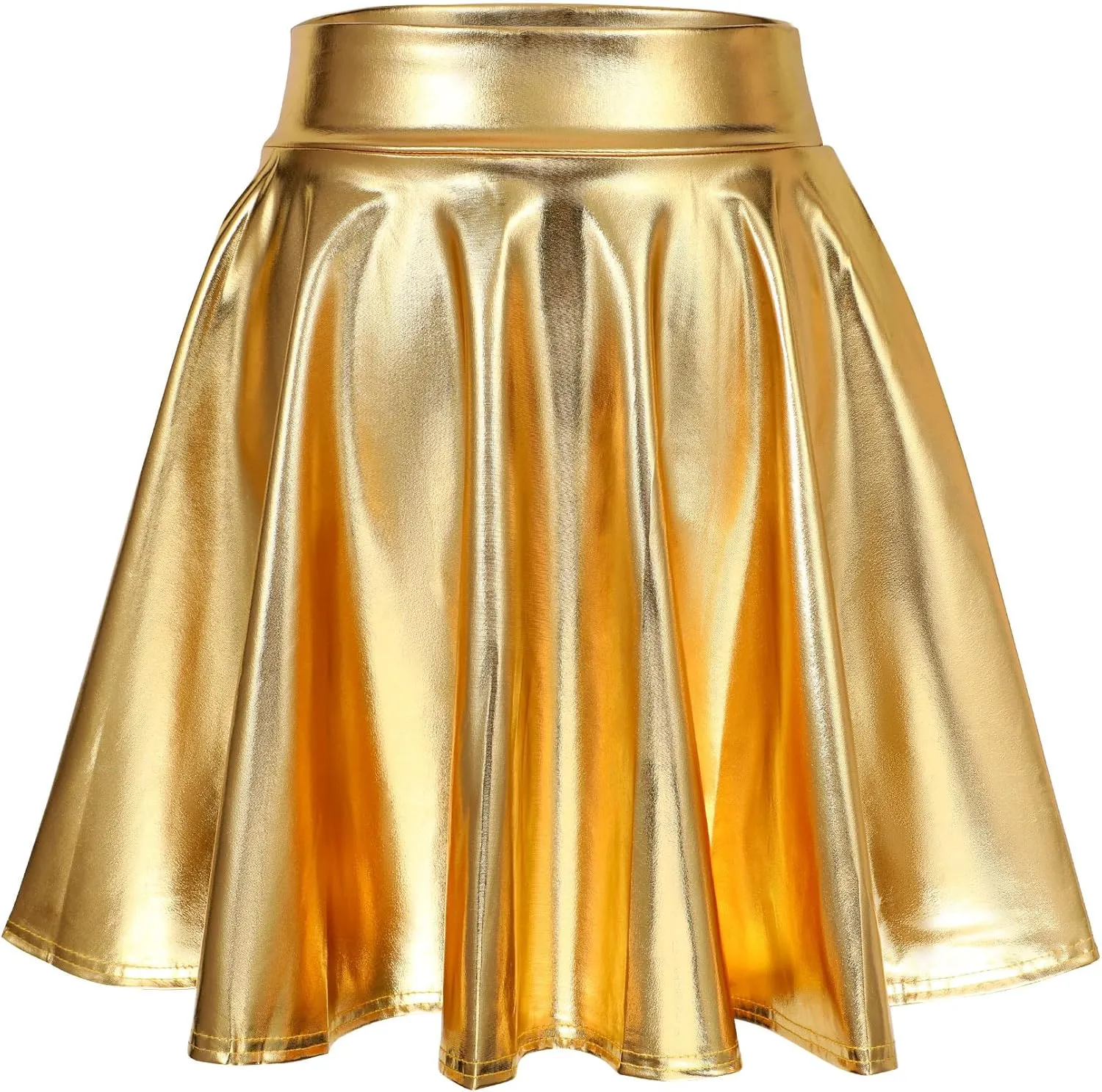 LEACOOLKEY Women's Fashion Flared Pleated A-line Skater Skirt Shiny Stretchy Skirt for Casual/Music Festival/Halloween