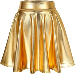 LEACOOLKEY Women's Fashion Flared Pleated A-line Skater Skirt Shiny Stretchy Skirt for Casual/Music Festival/Halloween