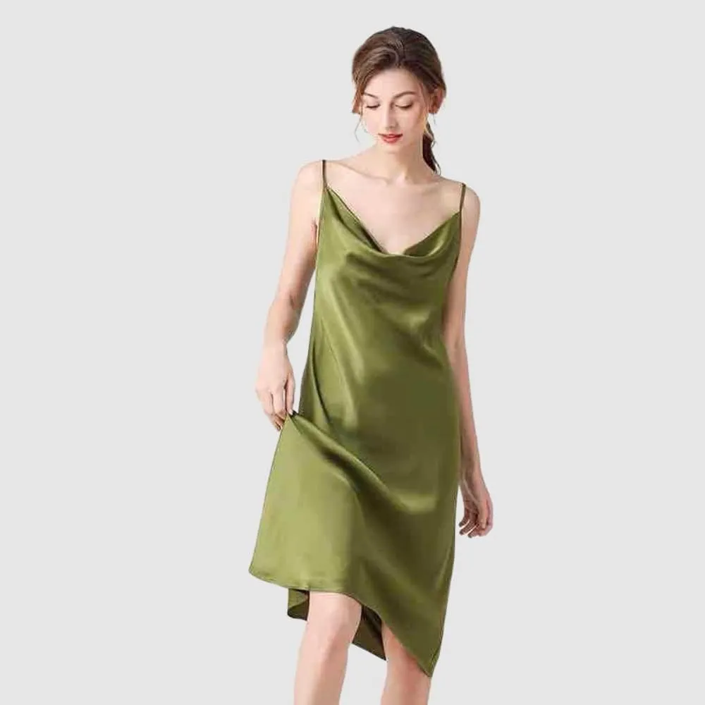 LilRoot Women Pure Mulberry Silk 19 Momme Sexy Chemise Slip Nightgown Dress Satin Straps Midi Sleepwear Gift for Her