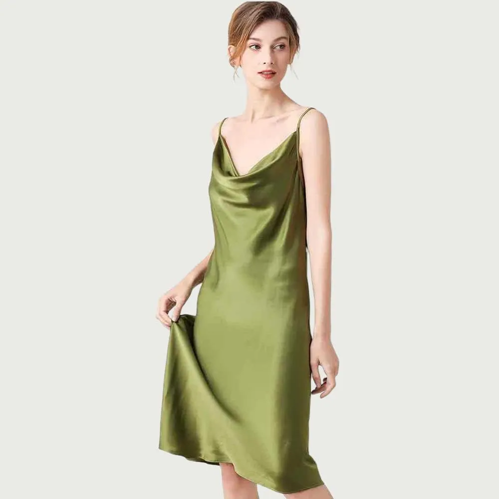 LilRoot Women Pure Mulberry Silk 19 Momme Sexy Chemise Slip Nightgown Dress Satin Straps Midi Sleepwear Gift for Her