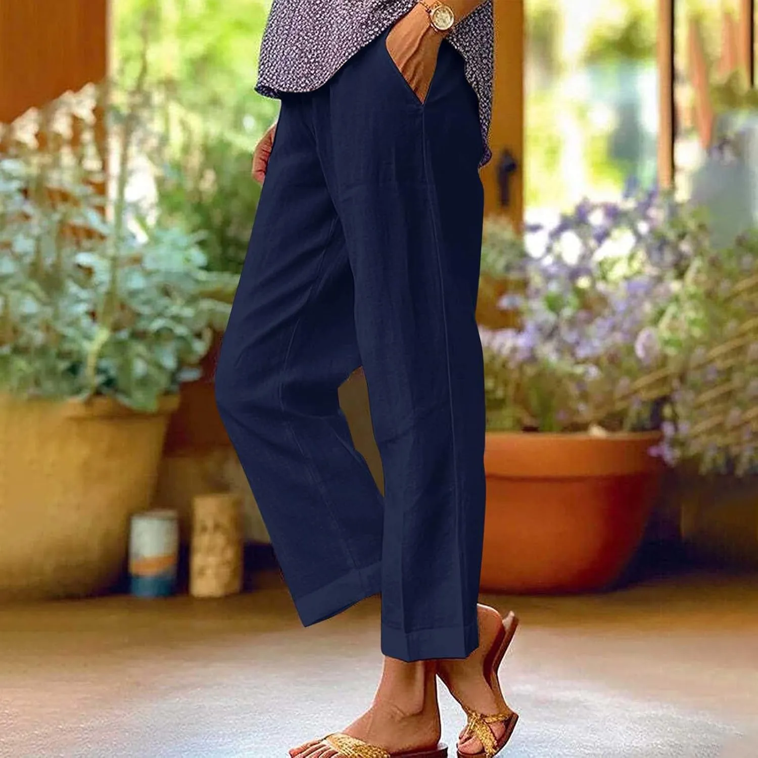 Linen Capri Pants for Women High Waisted Wide Leg Lounge Pant Comfy Soft Trousers Casual Resort Wear