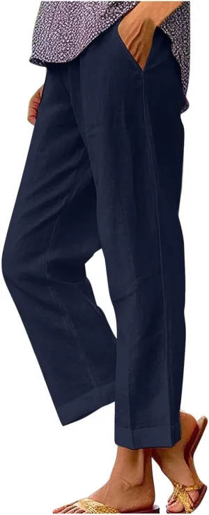 Linen Capri Pants for Women High Waisted Wide Leg Lounge Pant Comfy Soft Trousers Casual Resort Wear