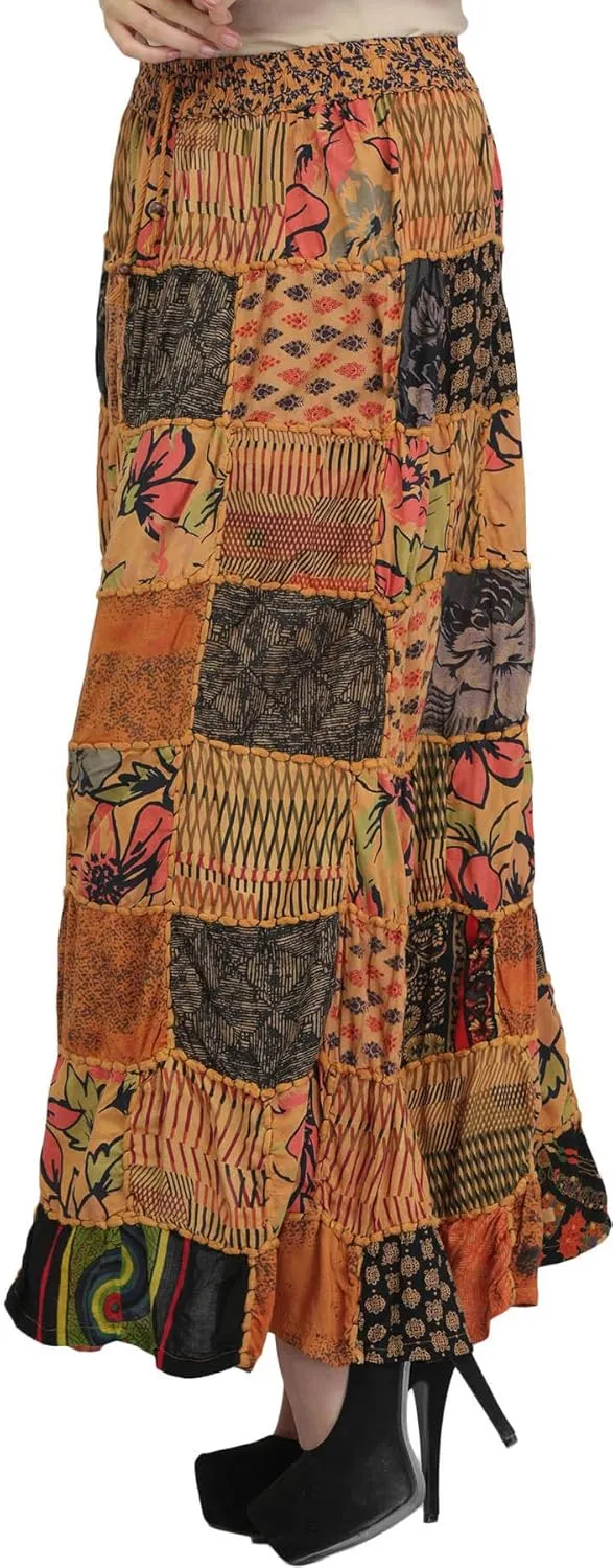Long Printed Dori Skirt from Gujarat with Patch Work - Rayon