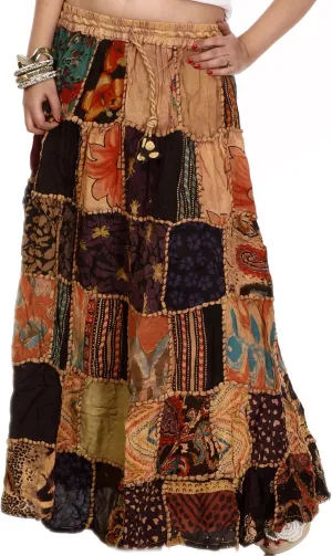 Long Printed Dori Skirt from Gujarat with Patch Work - Rayon