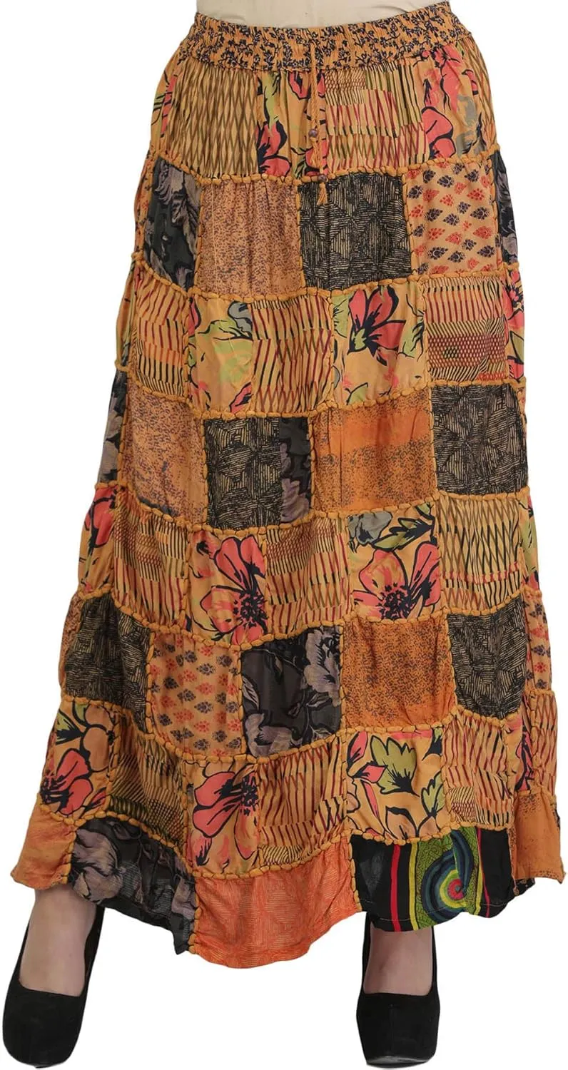 Long Printed Dori Skirt from Gujarat with Patch Work - Rayon